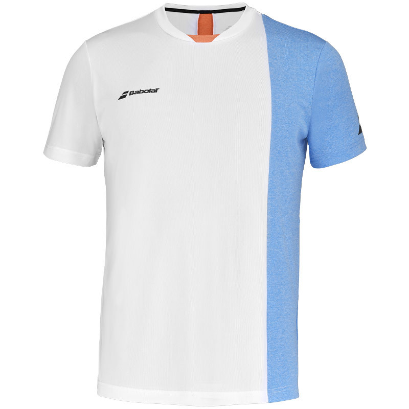 Tee-shirt enfant Babolat Play Crew blanc, bleu et saumon