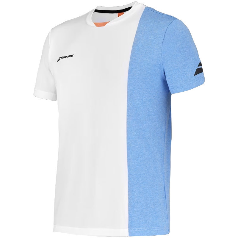 Tee-shirt enfant Babolat Play Crew blanc, bleu et saumon