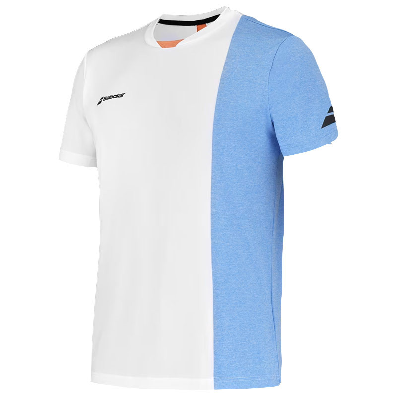 Tee-shirt homme Babolat Play Crew blanc, bleu et saumon