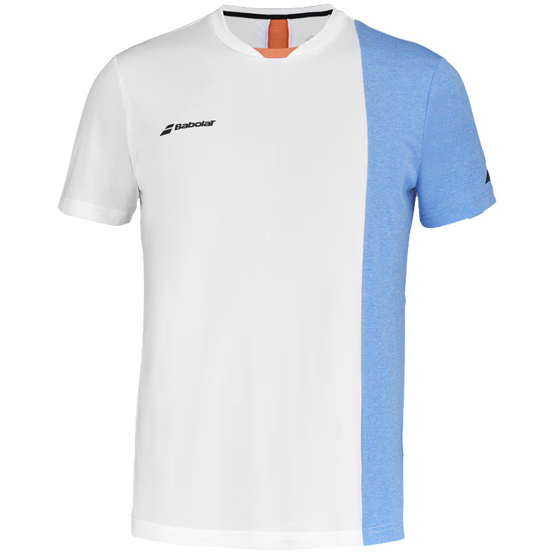 Tee-shirt homme Babolat Play Crew blanc, bleu et saumon