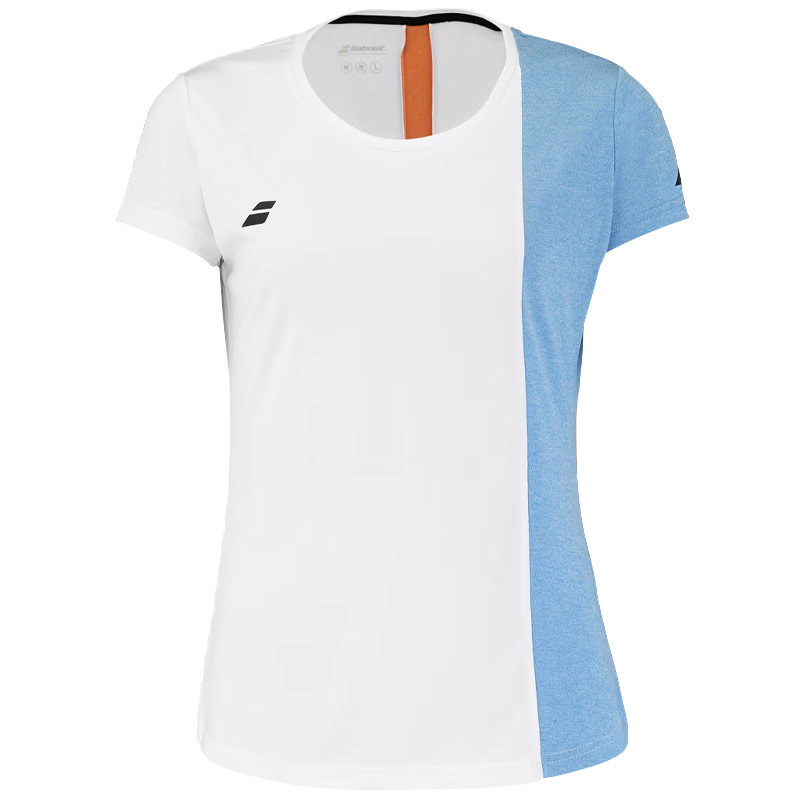 Tee-shirt femme Babolat Play Crew blanc, bleu et saumon