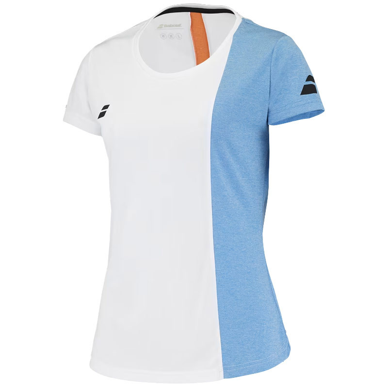 Tee-shirt femme Babolat Play Crew blanc, bleu et saumon