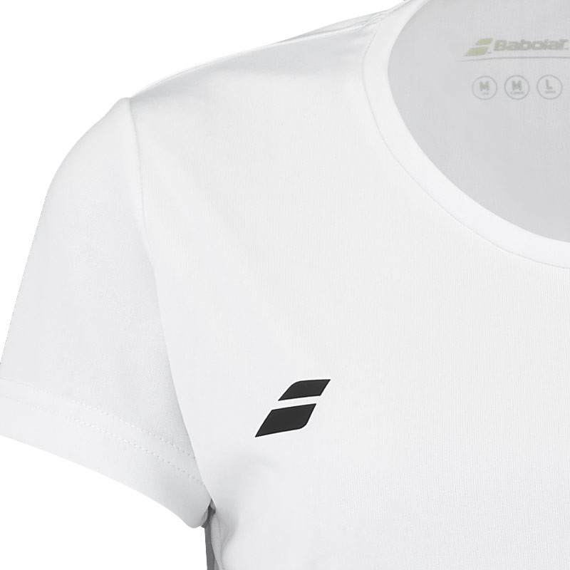 Tee-shirt femme Babolat Play Crew blanc, bleu et saumon