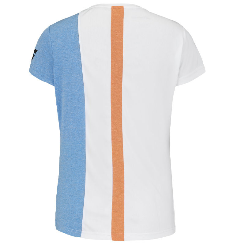 Tee-shirt femme Babolat Play Crew blanc, bleu et saumon